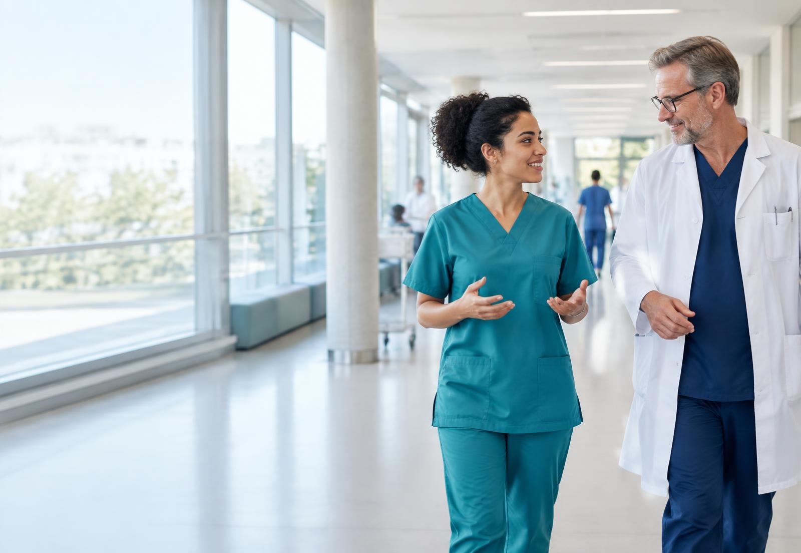 Pflegefachkraft und Arzt im Austausch in einer modernen Klinik